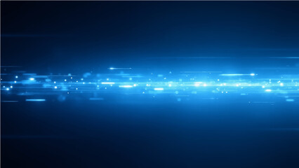 Abstract, science, futuristic, energy technology concept. Digital image of light rays, stripes lines with blue light, speed and motion blur over dark blue background .
