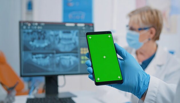Dentist holding green screen phone.