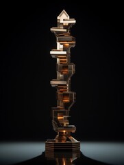Multi-tiered wooden puzzle structure on black background