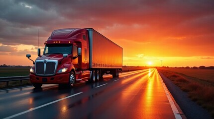 red semi-truck at sunset