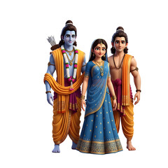 Animated depiction of Rama, Sita, and Lakshmana, key figures in the Hindu epic Ramayana, standing together in traditional attire.