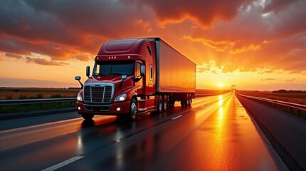 red semi-truck at sunset