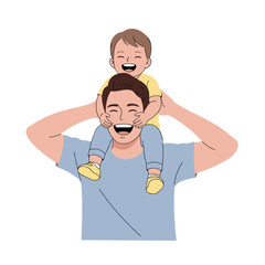 Flat illustration of a father carrying a child on his shoulders, both laughing