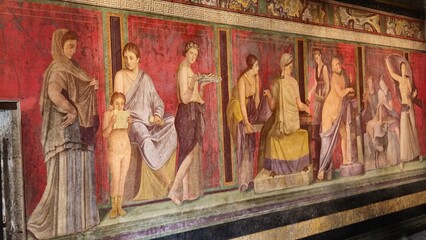 Pompeii, Italy - 8 January 2025. A fresco from the Villa of the Mysteries features a sequence of...