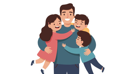 Flat illustration of father and two kids giving a group hug