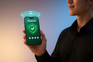 Digital Secure Payment: The modern smartphone with payment is held securely in hand, indicating a seamless and protected transaction with a sense of convenience.