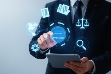 Compliance & Technology: A professional, digitally interacting with icons related to legal and regulatory adherence using modern technology, focusing on the importance of rule following.