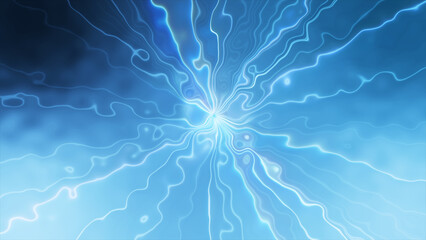 Glowing rays of white on a blue background diverge from the center of the frame. Abstract beautiful rays on water background