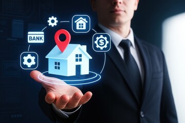 Smart Home Technology: A businessman presents a futuristic smart home concept, seamlessly integrating technology with real estate. The image showcases a digital house model with location pin, bank.