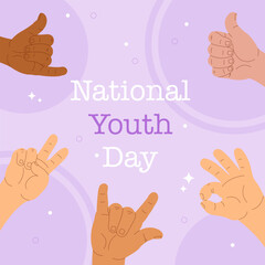 Colorful illustration for National Youth Day with diverse hands making positive gestures. Bright, cheerful design perfect for celebration, equality, youth empowerment and social media.

