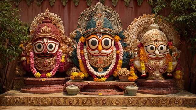 Divine Hindu Deity Statues of Lord Jagannath, Balabhadra, and Subhadra - Powered by Adobe