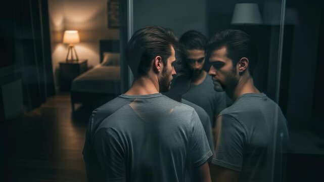 A man confronts his reflection in a mirror, revealing an inner struggle and the concept of a doppelganger at night, horror footage.
