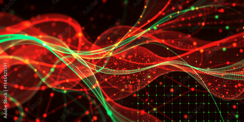 Poster Abstract rendering of red and green flowing lines with dotted grid in the background art