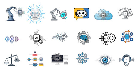 Collection of diverse technology icons, showcasing AI, robotics, and data processing.