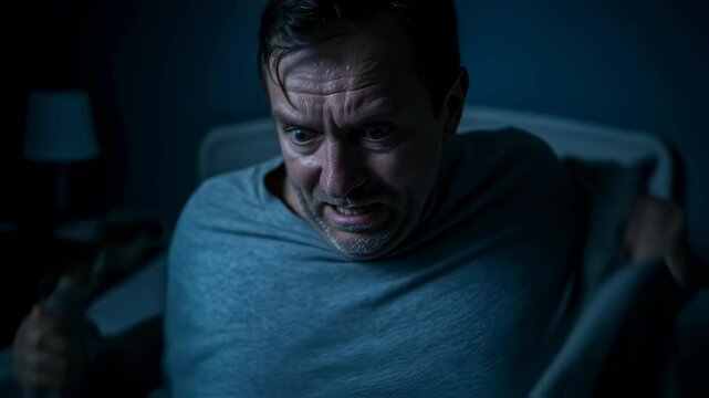 Man with wide eyes gripping blanket tightly scared in a dark bedroom, experiencing a night terror or nightmare, horror footage.