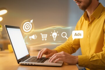 Digital Marketing Strategist: A focused young man is working on his laptop, surrounded by digital marketing icons that illustrate his online strategy. The warm lighting suggests late evening work.