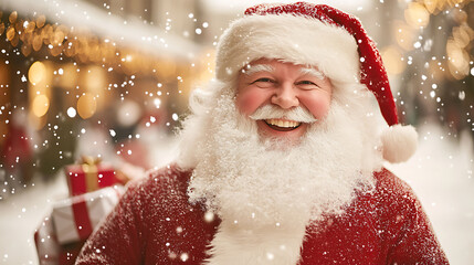 Joyful season's greetings! Smiling figure in red with a full white beard, cap, and festive gifts. Snow falling.