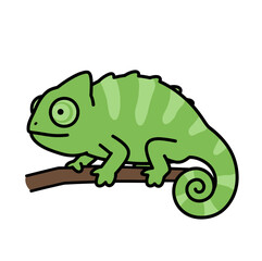 Cartoon chameleon sitting on a branch with a bright green color  