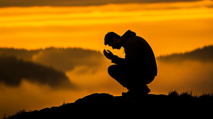 A man kneels in prayer atop a mountain at sunrise, his silhouette framed by golden skies and soft mist below, evoking peace, surrender, and spiritual depth.