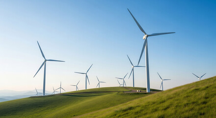Wind Turbines on Green Hills Under Clear Blue Sky

