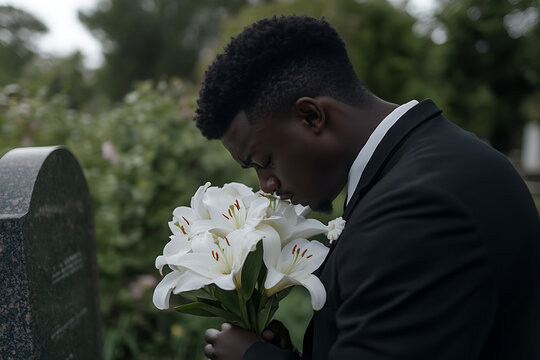 Mourning at Graveside: A man in dark attire mourns at a cemetery, holding white lilies near a gravestone. Serene yet somber, a moment of reflection.