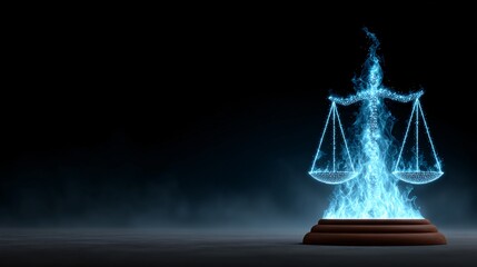 Futuristic representation of justice symbolized by glowing scales