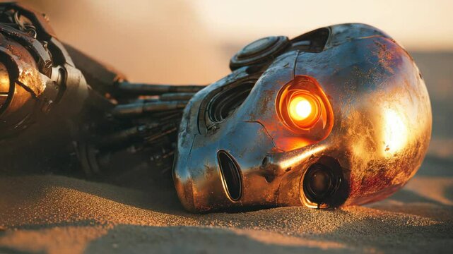 humanoid robot down on desert sand with glowing eye 