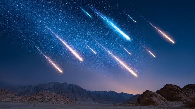 Meteor shower over mountain landscape at night