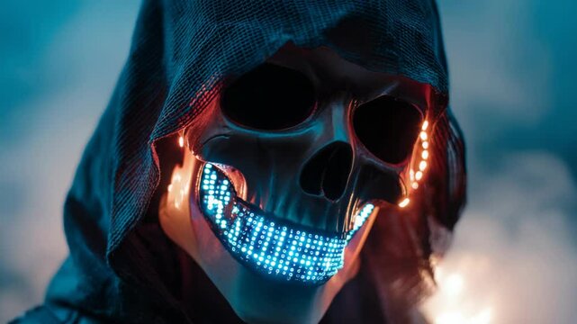 skeleton robot  in black robe with glowing light and smoke background, suspicious villain 