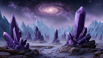 Surreal landscape with purple crystals and spiral galaxy