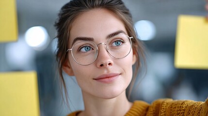 Thoughtful woman wearing glasses interacting with sticky notes