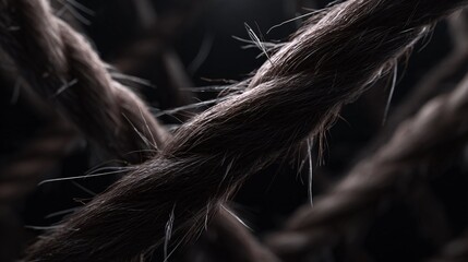 Close-Up of Twisted Natural Fiber Rope Against Dark Background