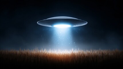 UFO descending beam of light over grassy field at night