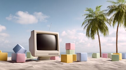 Vintage Computer on Beach with Building Blocks