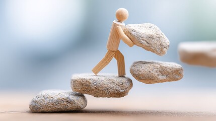 Wooden figure climbing stones, symbolizing effort and determination