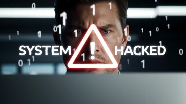 A programmer in a dark office looks at a laptop screen with a red warning triangle on it. The screen displays the message "System hacked". Concept of cybersecurity breach, network vulnerability, tense
