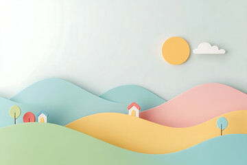 Pastel Land: A charming, simple landscape with rolling hills, sun, cloud, tiny houses and trees. A serene and whimsical scene.