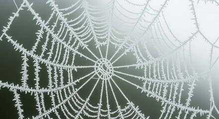 A close-up of a spider web covered in frost, with a blurred background suggesting a cold, wintry morning.