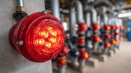Obraz premium Red emergency warning light illuminating industrial piping system in a modern facility with machinery background, safety concept of construction or engineering