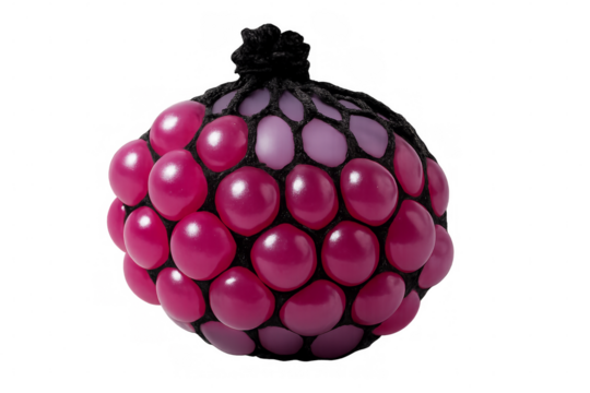 Pink grape shaped stress ball with black net isolated on transparent background