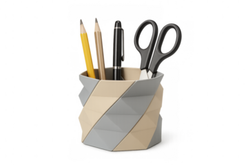 Modern desk organizer holding pencils, pen, and scissors on transparent background