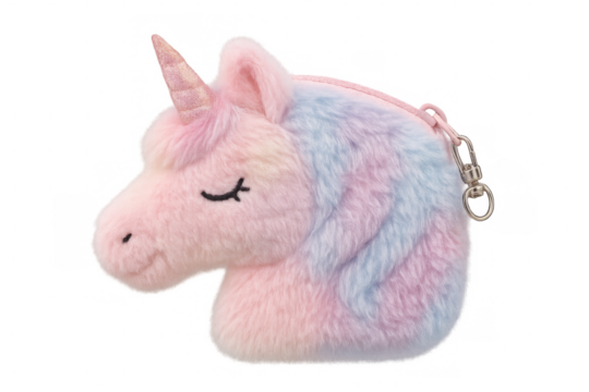 Pink and blue plush unicorn purse isolated on transparent background - Powered by Adobe