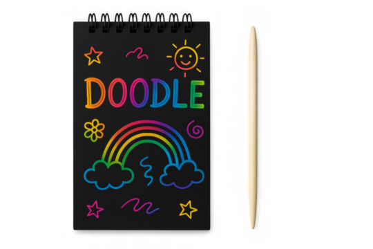 Black doodle pad with rainbow and wooden stylus on transparent background