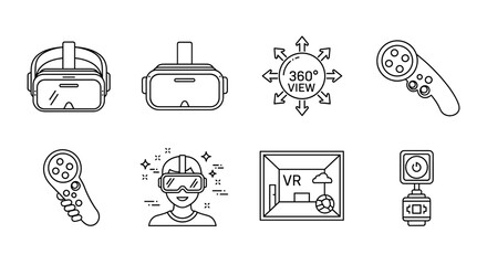 Fototapeta premium Vector outline illustration showcasing virtual reality headsets controllers and related elements neatly arranged
