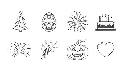 Vector outlined holiday icons including christmas tree easter egg fireworks cake pumpkin and heart arrangement