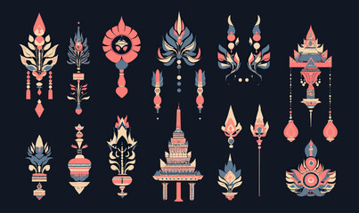 Collection of traditional Thai ornamental patterns and floral motifs in flat minimalist vector style with pastel colors on dark background