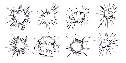 Obraz premium Set of eight hand drawn comic cartoon explosion effects with smoke bursts and speed lines in black ink sketch style for dynamic action visuals