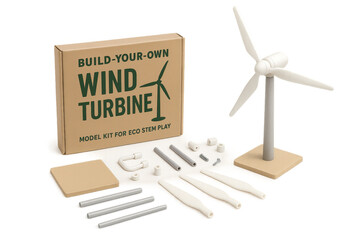 Wind turbine model kit with finished product and components on transparent background