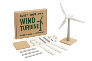 Wind turbine model kit with finished product and components on transparent background