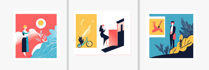 Fototapeta premium Set of three minimalist flat vector business web banner templates featuring stylized professional people outdoors with nature and geometric backgrounds for social media and advertising